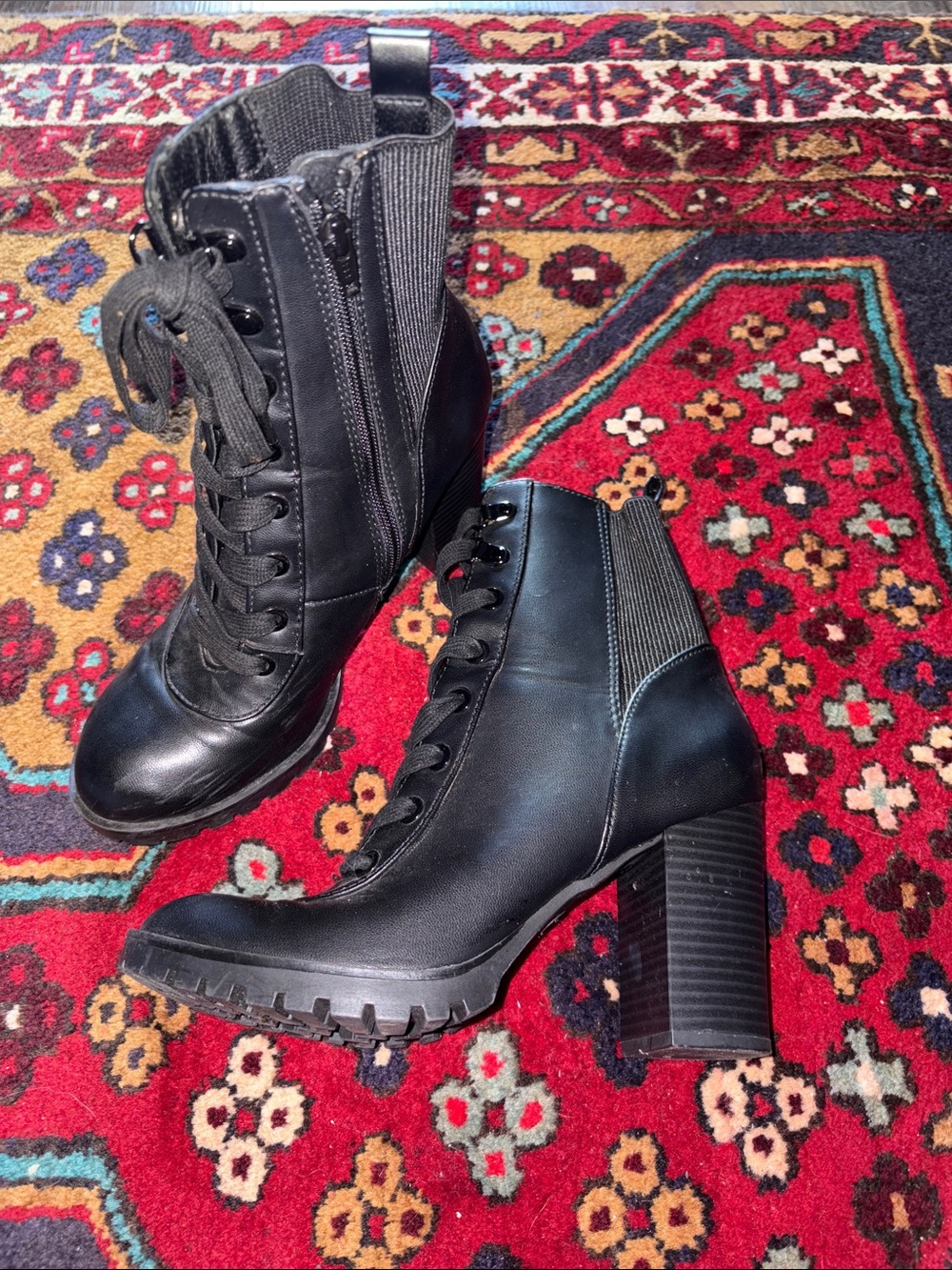 Black Lace-Up Chunky Heel Ankle Boots - Women